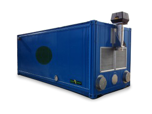 Varmluftspanna integrerat pannrum Containermodul Pellets 60kW